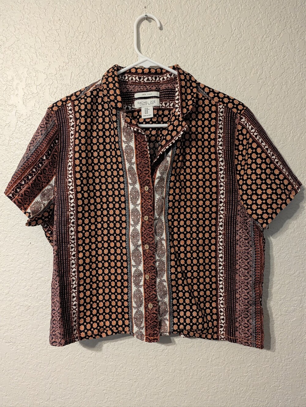Rachel Zoe 70s Style Print 100% Linen Shirt Orange & Brown, Size M